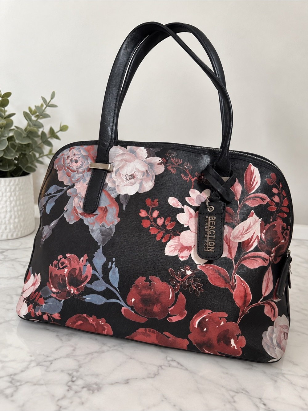 Reaction Kenneth Cole Black Satchel with Red and Pink Floral Print